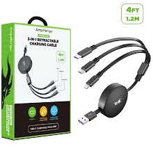 [AMP-ACB3IN1MO14BK12] AmpNergy PowerLines 3-in-1 Retractable Charging Cable - 4FT - Black