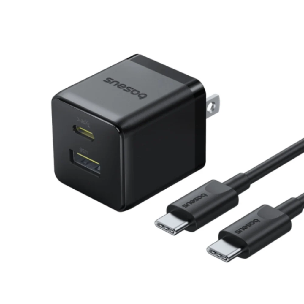 Baseus Palm Fast Charger C+U 20W US Cluster Black (with Baseus Mini White Cable USB-C to USB-C 60W (20V/3A) 1m Cluster Black)