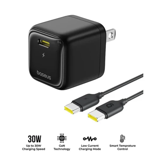 [E0122100] Cargador de Pared Baseus EnerFill FN21 30W Incluye Cable de Carga Rápida USB-C a USB-C 60W 1m Negro